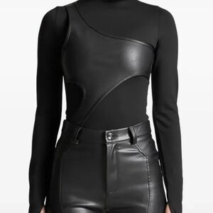 Maniere De Voir Black Asymmetrical Faux Leather Bodysuit size small $110